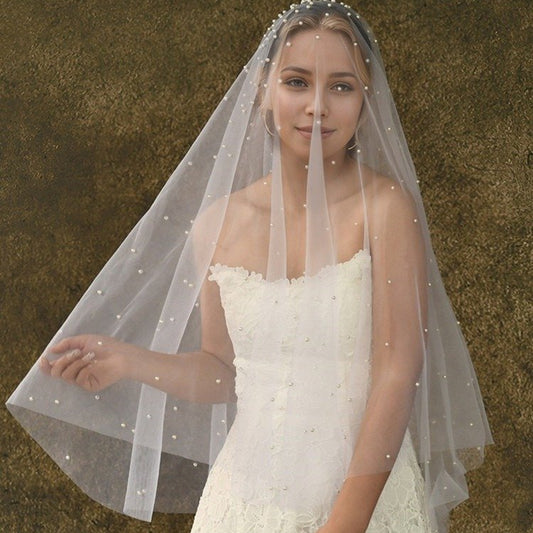 Short Veil With All Over Pearls