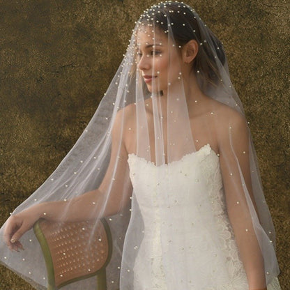 Short Veil With All Over Pearls