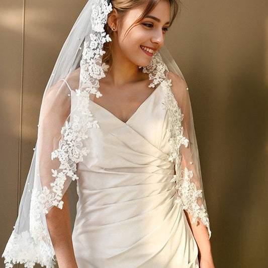 single layer lace edge veil with pearls-formal elegance