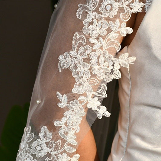 Short Wedding Veil With Lace and Pearls
