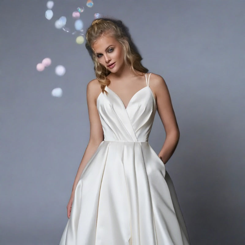 Simple A-Line Satin V-Neck Spaghetti Straps Wedding Dress