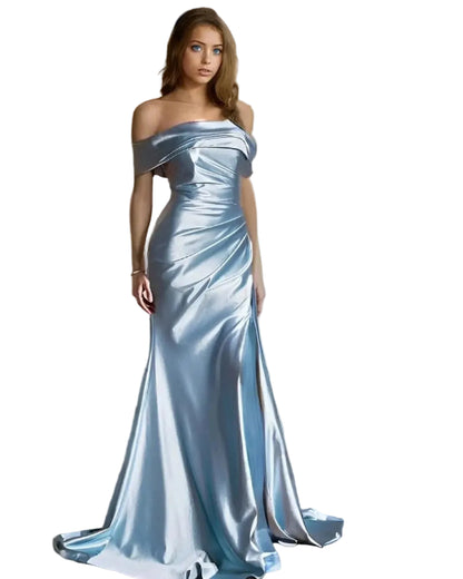Light blue off-shoulder satin mermaid formal dress with draped bodice and long fitted skirt