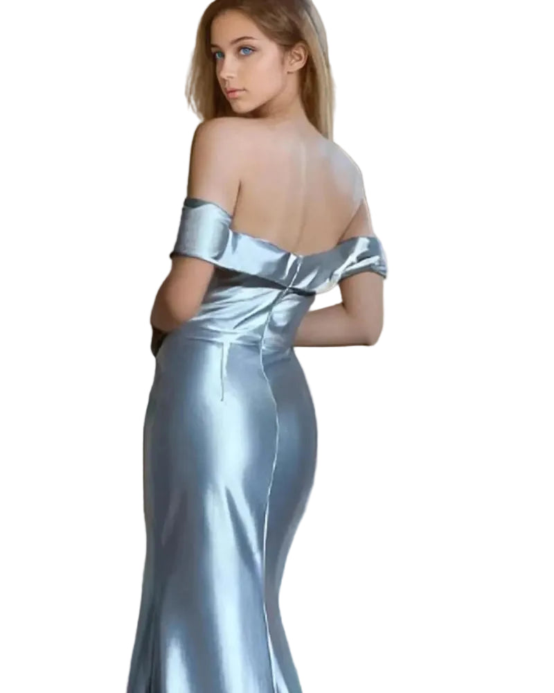 Light blue off-shoulder satin mermaid formal dress with off-shoulder sleeves and fitted skirt