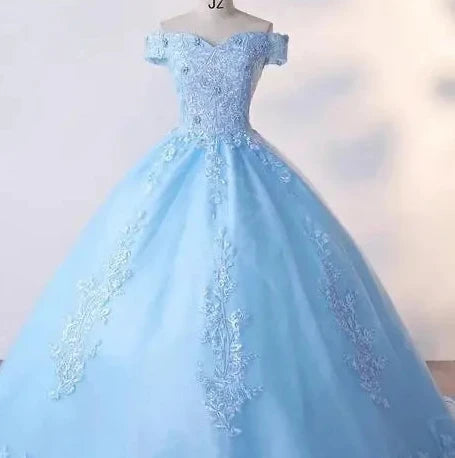 Light blue off-shoulder lace ball gown with fitted bodice and full skirt
