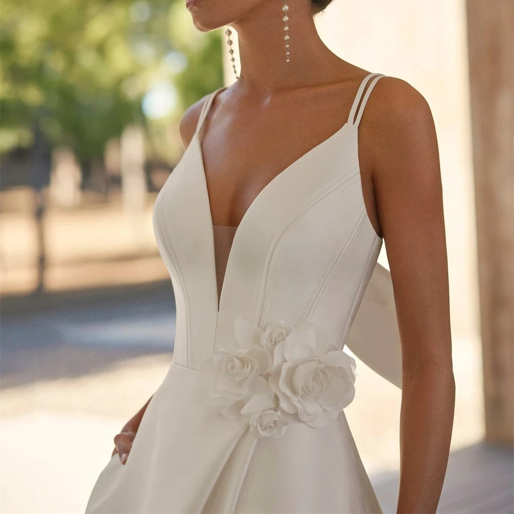 A-line silhouette with spaghetti straps satin wedding dresses in white or ivory 