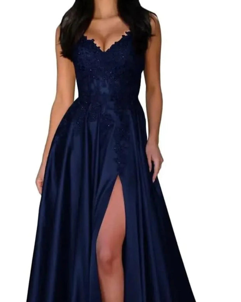 Navy satin evening dress with lace V-neck, spaghetti straps, A-line skirt, front slit