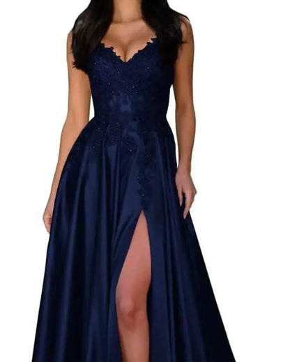 Navy satin evening dress with lace V-neck, spaghetti straps, A-line skirt, front slit