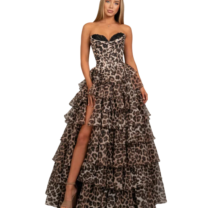 Leopard print strapless evening dress with tiered ruffle skirt and dark bust lining