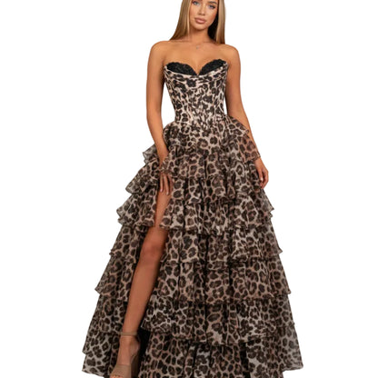 Leopard print strapless evening dress with tiered ruffle skirt and dark bust lining