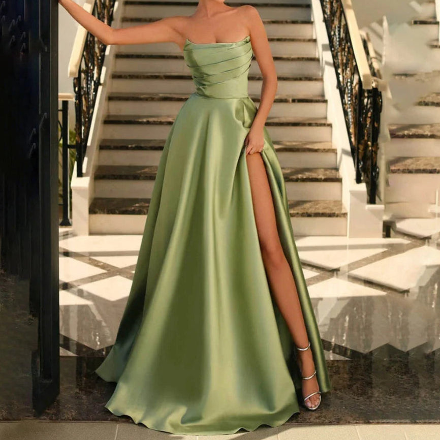 Green strapless satin A-line dress with sweetheart neckline, ruched waist, side slit