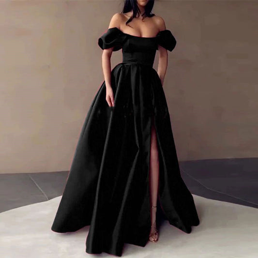 black satin strapless a-line evening dress-formal elegance