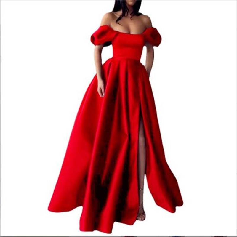 red  satin strapless a-line evening dress-formal elegance