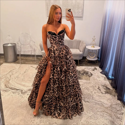 Strapless Leopard Ruffles Evening Formal Dress