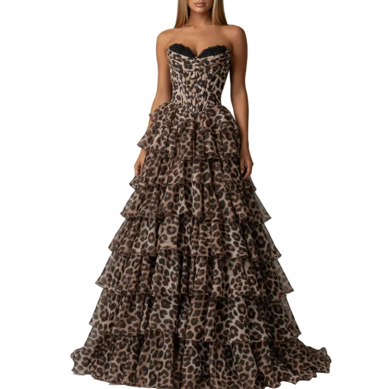 Leopard print strapless evening dress with tiered ruffles and fitted corset bodice
