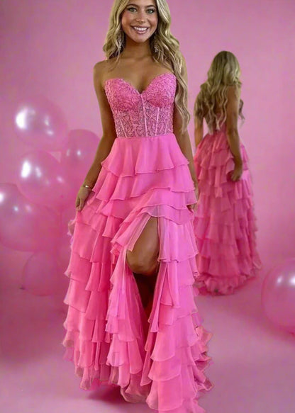 pink chiffon strapless lace up back formal party dress-formal elegance