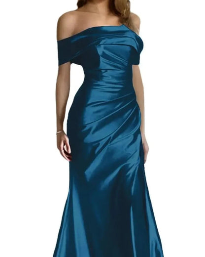 Teal satin mermaid off-shoulder formal dress with ruched bodice and flared skirt