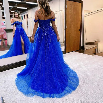 Blue Sweetheart Off Shoulder Lace Tulle Formal Dress