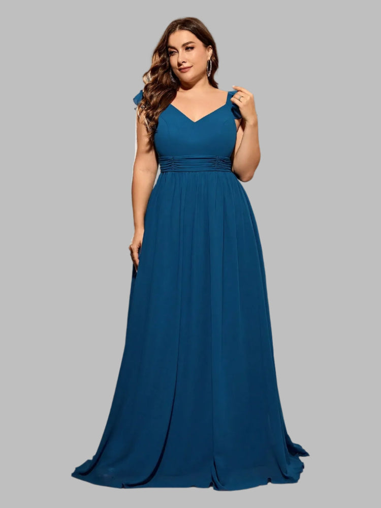 Blue A-line V-neck chiffon dress, ruffled cap sleeves and gathered waist