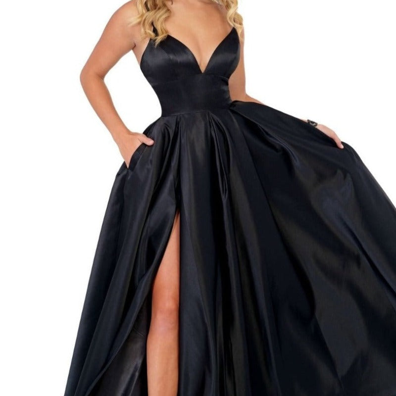 black v-neck satin front split evening dress-formal elegance