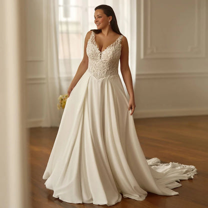 a-line wedding dress made with ivory jersey fabric and lace -Formal Elegance 