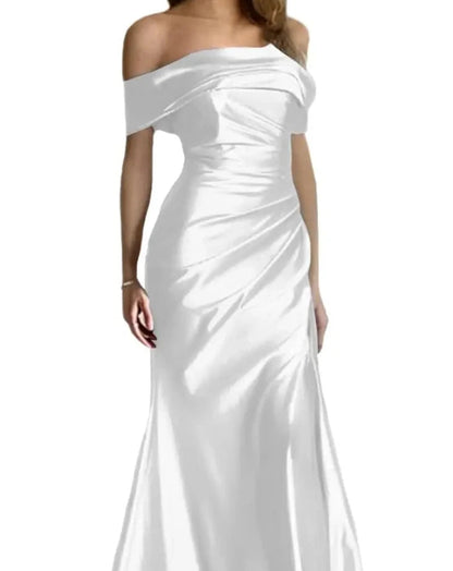 White satin mermaid off-shoulder formal dress with ruched bodice and flared skirt