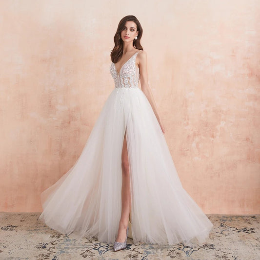 White V-Neck Beaded Pearls Crystal Tulle Gown