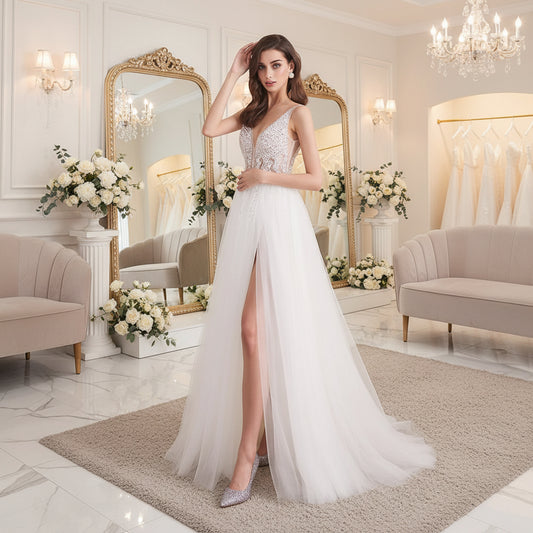 White V-neck tulle formal gown with beaded pearl crystal bodice and front leg slit