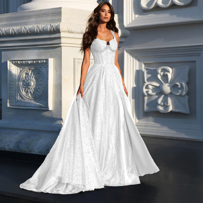 White glitter tulle A-line formal dress with wide straps and square neckline