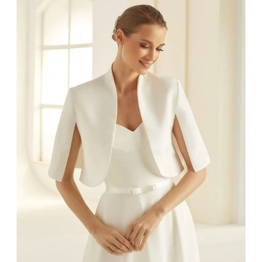 cape style white or ivory satin bolero. This jacket comes in sizes 2-24W and available in customised colours