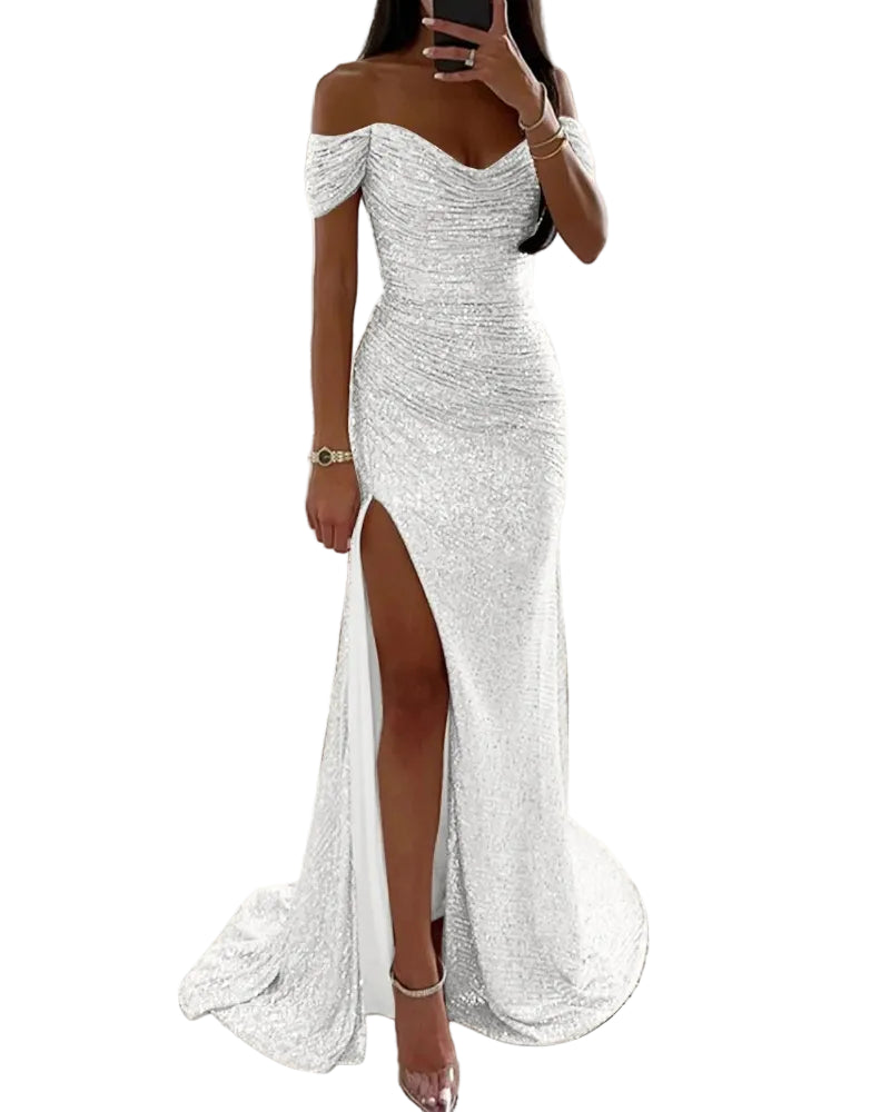 Silver sequin off-shoulder mermaid formal dress with front slit