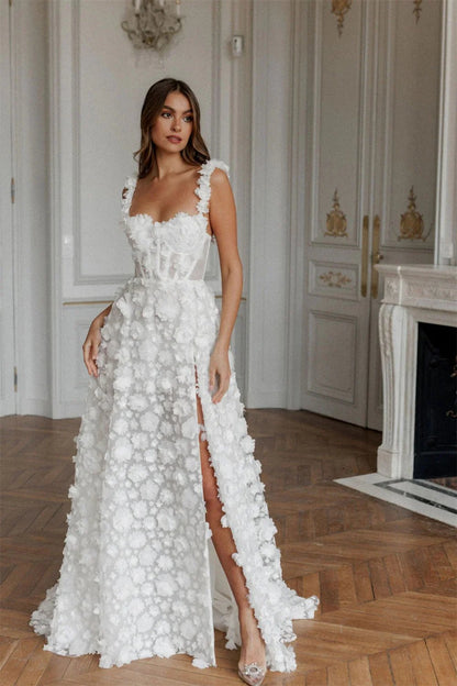 White Sweetheart 3D Flower Evening Formal Dress