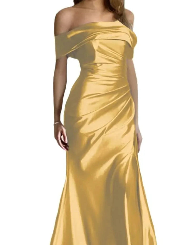 Gold off-shoulder satin mermaid formal dress with draped waist and long fitted skirt