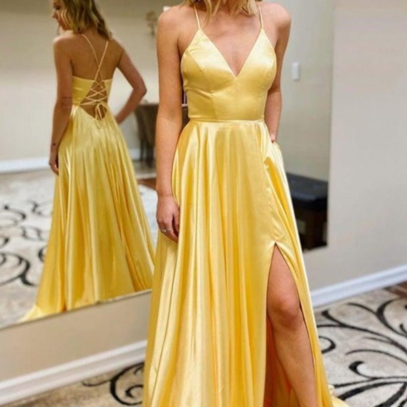 yellow satin leavers prom dress-formal elegance