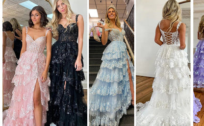 Elegant Off Shoulder Lace Split Layered Formal Dress