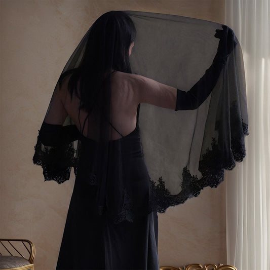 Black Gothic Short Bridal Veil With Lace