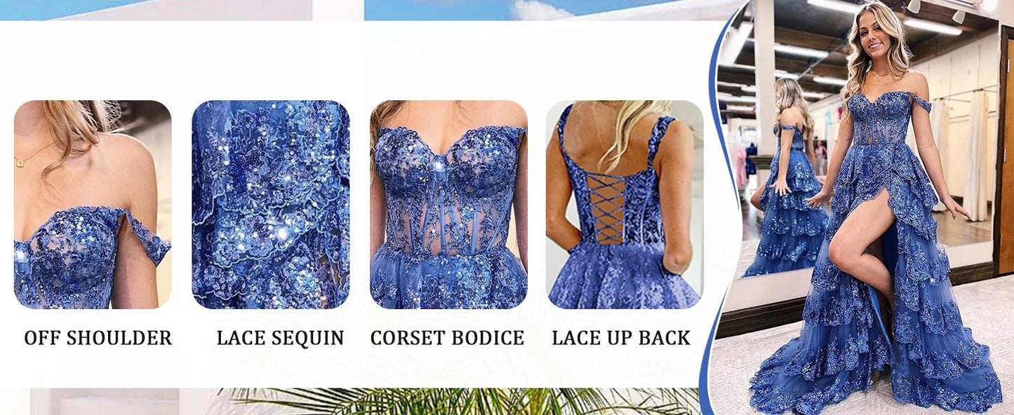 Elegant Off Shoulder Lace Split Layered Formal Dress