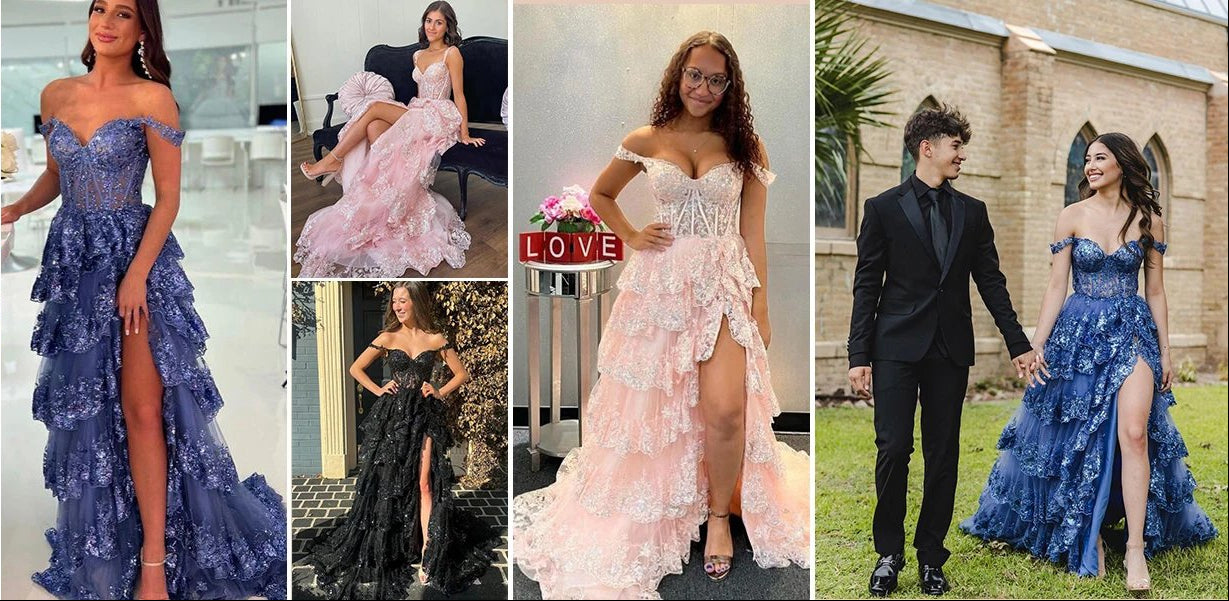 Elegant Off Shoulder Lace Split Layered Formal Dress