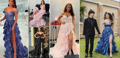 Elegant Off Shoulder Lace Split Layered Formal Dress