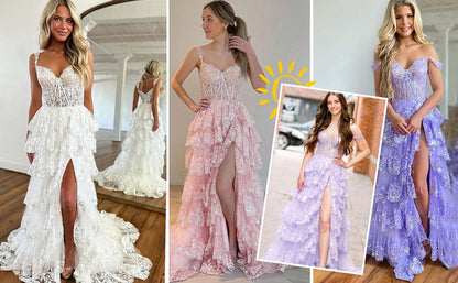 Elegant Off Shoulder Lace Split Layered Formal Dress