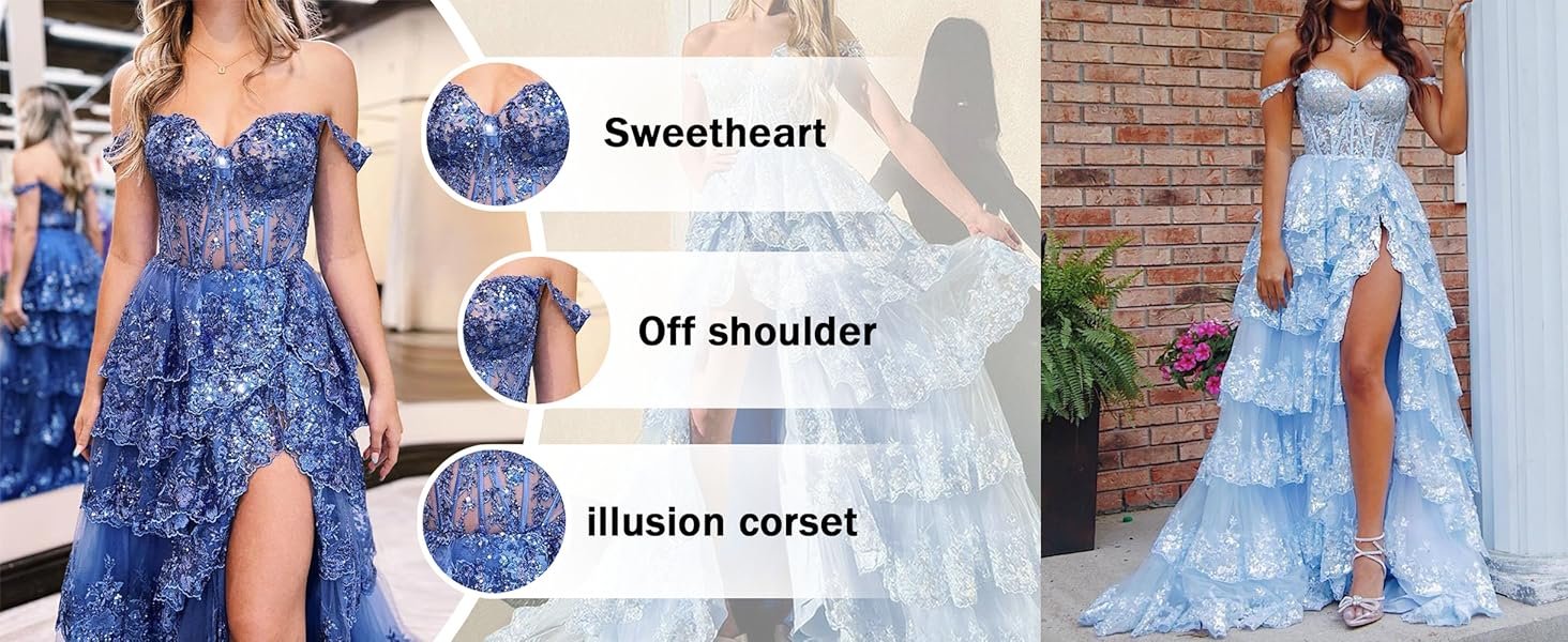 Blue lace dress with features highlighted, including 'Sweetheart', 'Off shoulder', and 'Illusion corset'.