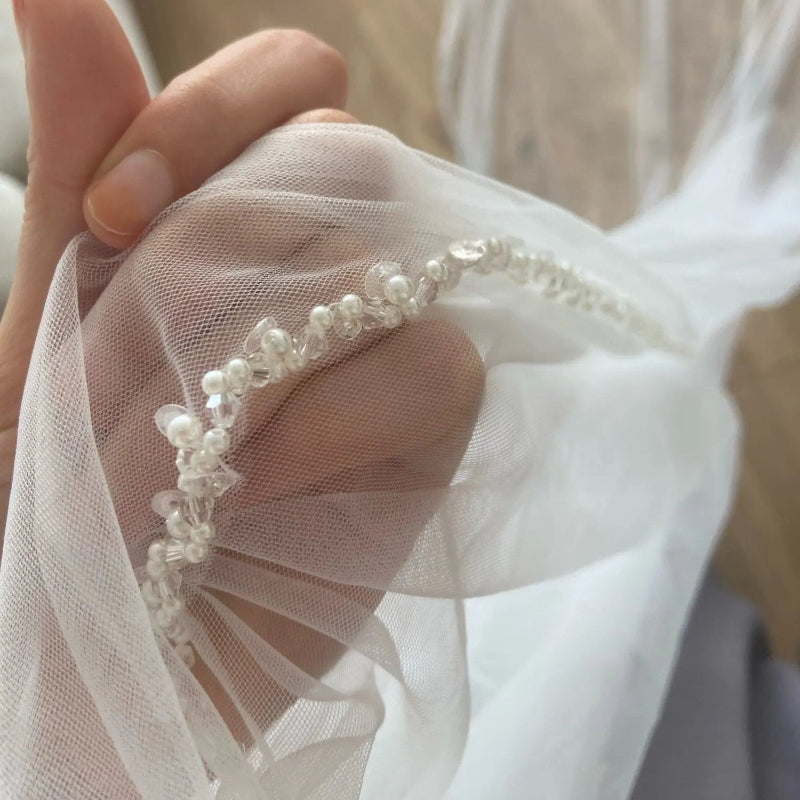 Long Cathedral Pearl Beaded Bridal Veil