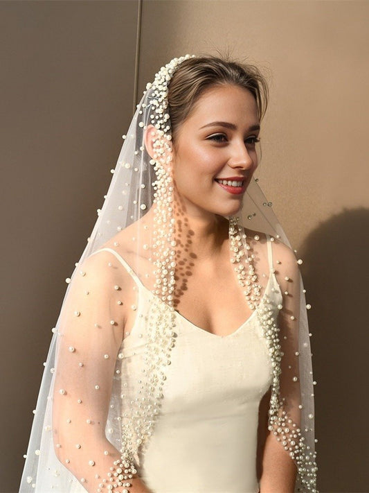 Single Layer Pearls Tulle Bridal Veil