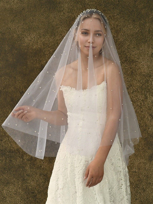 Short Veil With All Over Pearls