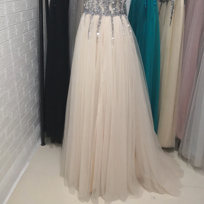 ivory tulle silver sequins evening dress