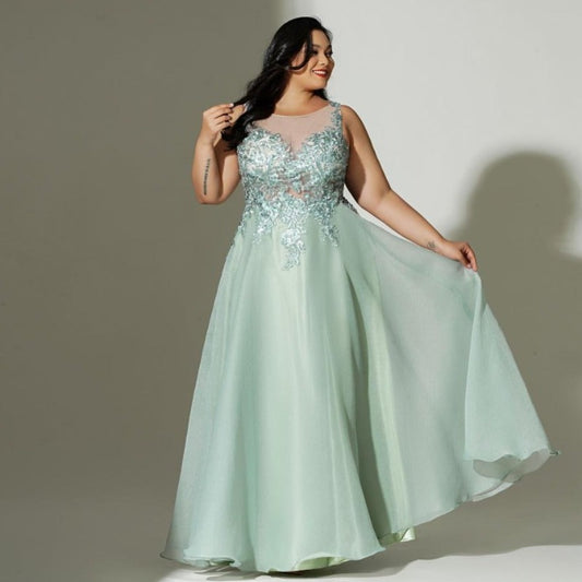 A-Line Lace Floor Length Green Plus Size Evening Dress-Formal Elegance