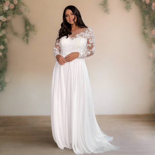 A Line Chiffon Lace Plus Sizes Long Sleeve Wedding Dress FWD1001-Formal Elegance