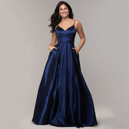 A Line Navy Satin Spaghetti Straps Evening Dress EV1008-Formal Elegance