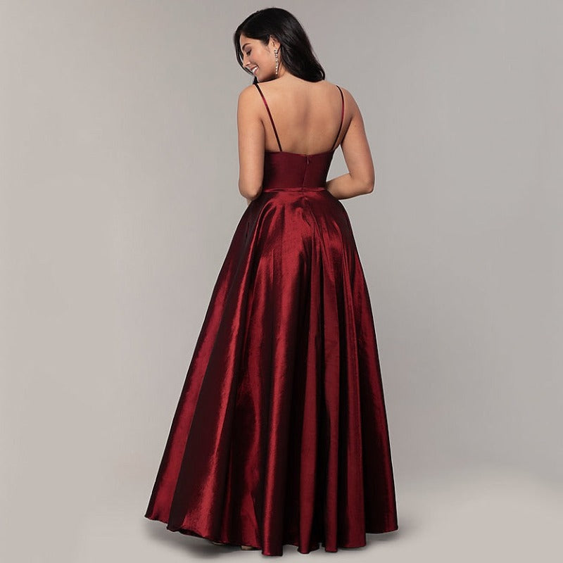 Burgundy A-line Satin Spaghetti Straps Evening Dress EV1008