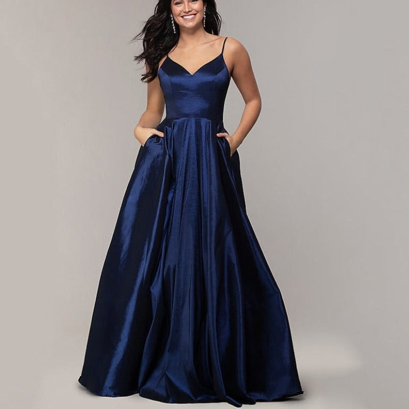 Navy A-Line Satin Spaghetti Straps Evening Dress EV1008-Formal Elegance