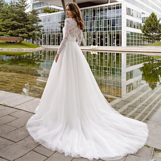 wd1016 tulle with lace long sleeves bridal gown